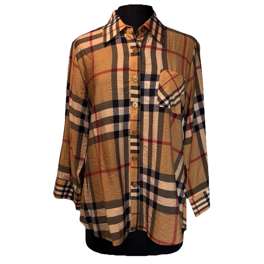 New Shana Apparel Plaid Button UP High Low Blouse Size M‎ Autumn Color Collard